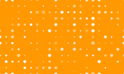 Seamless background pattern of evenly spaced white sea shell symbols of different sizes and opacity. Vector illustration on orange background with stars