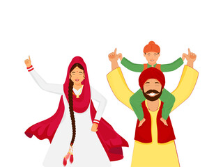 Punjabi Family Doing Bhangra In Traditional Clothes. - obrazy, fototapety, plakaty