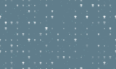 Seamless background pattern of evenly spaced white jellyfish symbols of different sizes and opacity. Vector illustration on blue gray background with stars