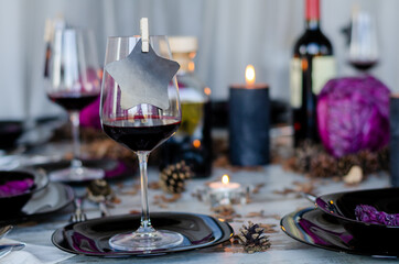 Beautiful table setting with lavender flowers on wooden background