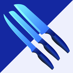 Obraz premium set of two realistic kitchen knives isolated on white and blue background, Vector illustration, chef knife, Cutlery icon set