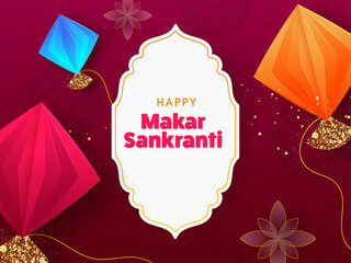 Happy Makar Sankranti Font Over White Vintage Frame And Colorful Origami Paper Kites On Red Floral Background.