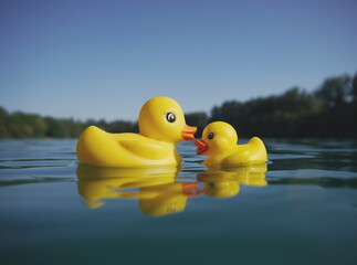 Cute little yellow rubber ducks on a lake