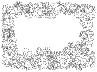 Festive cartoony frame border decorated with spring and summer garden flowers, black and white outline vector cartoon illustration