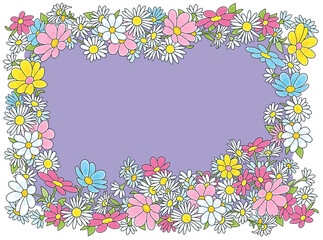 Festive cartoony frame border decorated with colorful spring and summer garden flowers, vector cartoon illustration