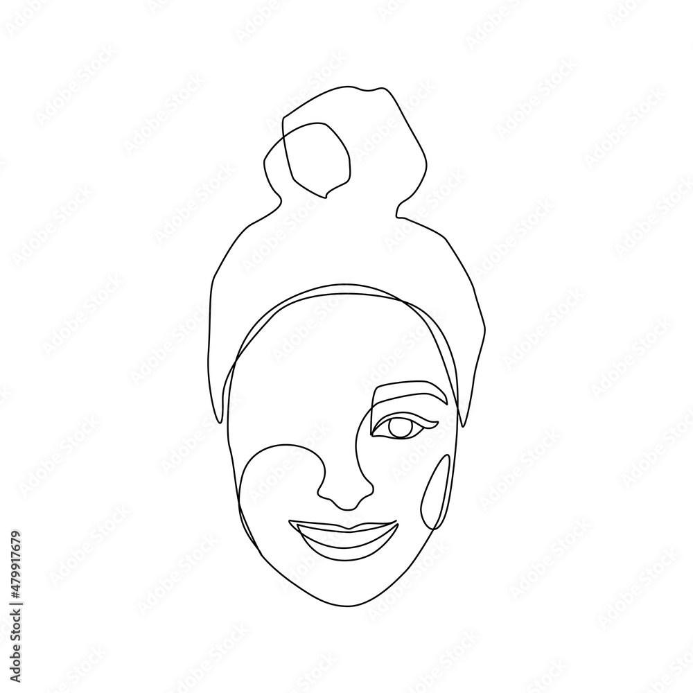 Poster woman face one continuous line drawing. minimalistic abstract smily female portrait in simple linear