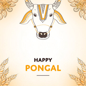Happy Pongal Concept With Doodle Style Bull Face, Wheat Ear And Floral Decorated Background.