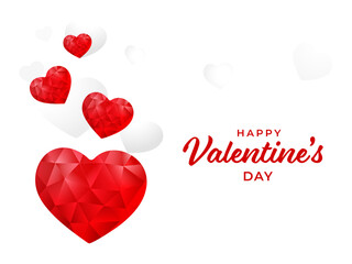 Happy Valentine's Day Font With Red Crystal Hearts On White Background.