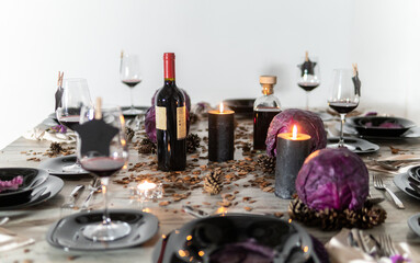 Beautiful table setting with lavender flowers on wooden background