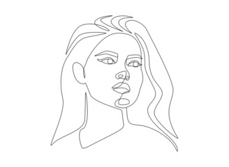Woman face one line drawing. Minimalistic abstract female portrait in simple linear style for logo, prints, tattoos, posters, textiles, postcards. Editable stroke. Doodle Vector illustration