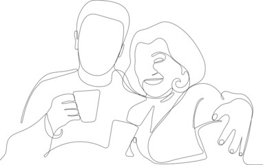 Continuous one line drawing of senior couple. Elderly people hug together. Old people in love. Man and woman on the path of life. Caring for each other. Vector illustration, freehand drawing