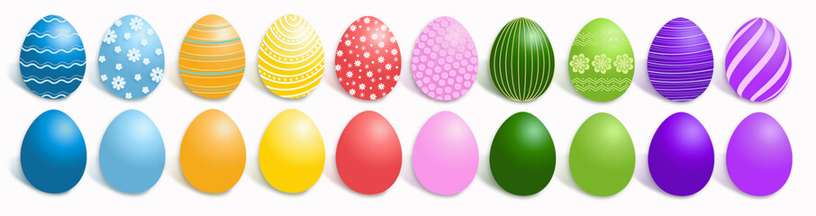 A set of colorful easter eggs with various decorations