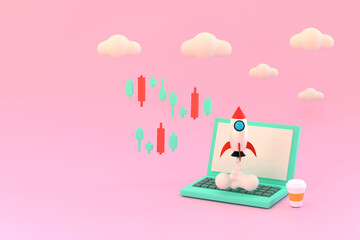 notebook computer showing a business graph A rocket soared up on sky. Concept of start-up.