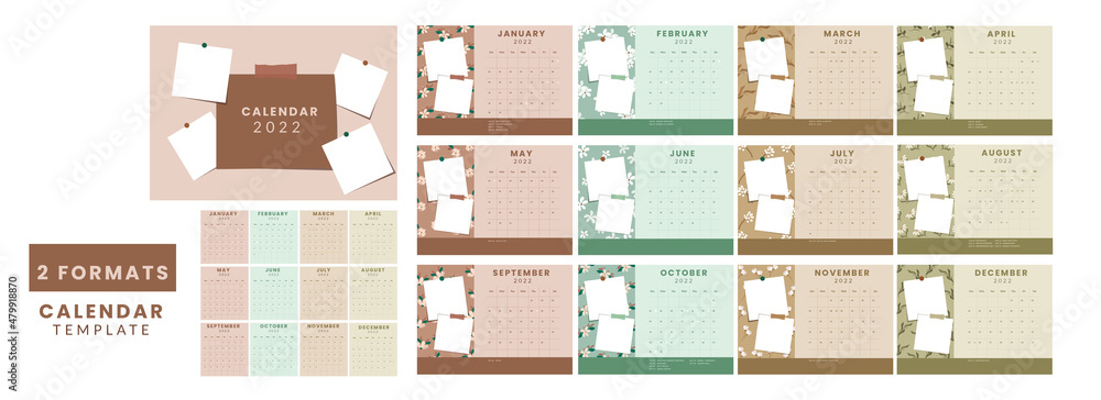 Poster 2 formats complete set of 12 month, 2022 calendar design with empty sticky notes and festival detail