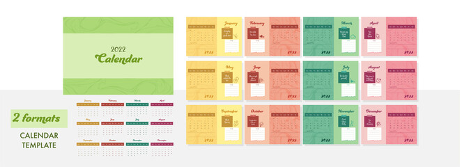 Colorful Complete Set Of 12 Month, 2022 Calendar Design In Two Formats.