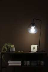 Stylish lamp, green plants and other stuff on table near brown wall indoors. Interior design