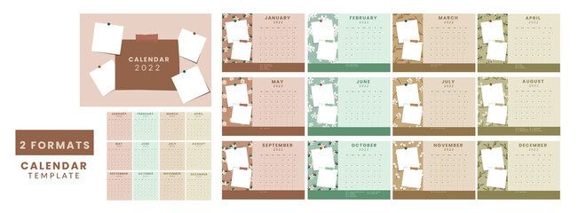 2 Formats Complete Set Of 12 Month, 2022 Calendar Design With Empty Sticky Notes And Festival Details.