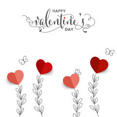 Happy Valentine's Day Font With Line Art Leaves Branch, Butterflies And Paper Hearts On White Background.