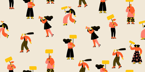 Seamless pattern for International Women's Day with women protesters with banners and megaphones.