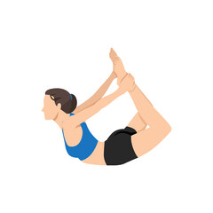 Woman doing yoga pose,Dhanurasana Bow Pose asana in hatha yoga Flat vector illustration isolated on white background