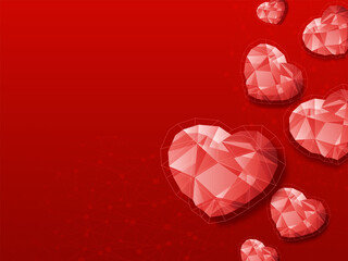 Top View Of 3D Crystal Hearts On Red Polygon Tech Lines Background And Copy Space.
