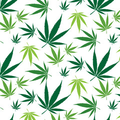 Seamless pattern with green leaves cannabis on transparent background. Marijuana leaf vector illustration. 
