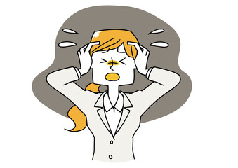 パニックになり頭を抱えるビジネスウーマン　強いストレス状態　白地にベクター　温かみのある手描きの人物