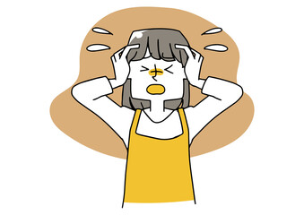 パニックになり頭を抱えるエプロンの主婦　強いストレス状態　白地にベクター　温かみのある手描きの人物