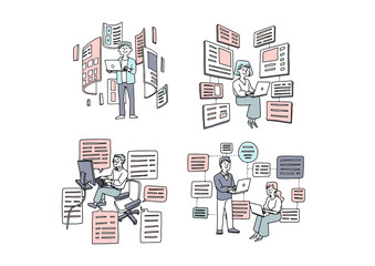 ソフトウエア開発やWEBプログラミングに携わる人々のセット　温かみのある手描きの人物イラスト