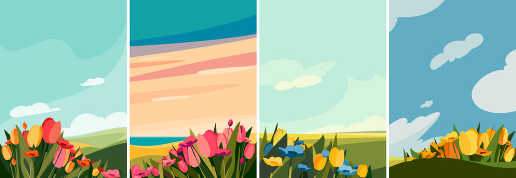 Landscapes with flowers on the meadow. Beautiful natural sceneries in portrait format.