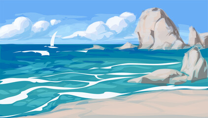 Seascape in the style of a cartoon for printing and decorating books, postcards, souvenirs.Vector illustration.