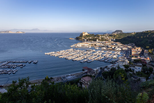 beautiful view of the port of Baia in the Campi Flegrei with Capri island and Sorrento peninsula in the background. Naples, Campania, Italy