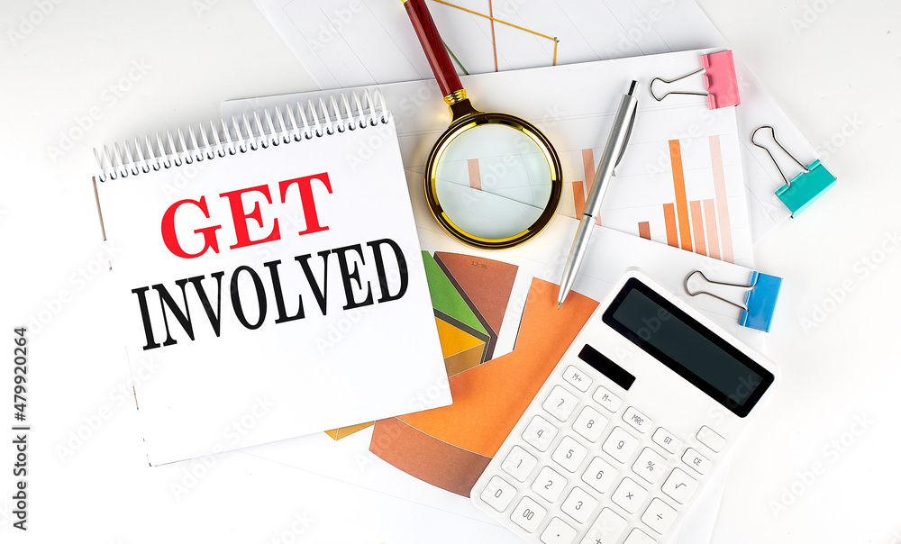 Poster white notepad text get involved with diagram,chart,calculator on the white background