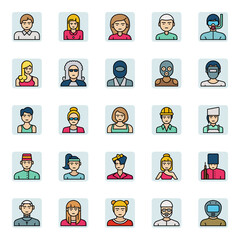 Fototapeta premium Filled color outline icons for professions.