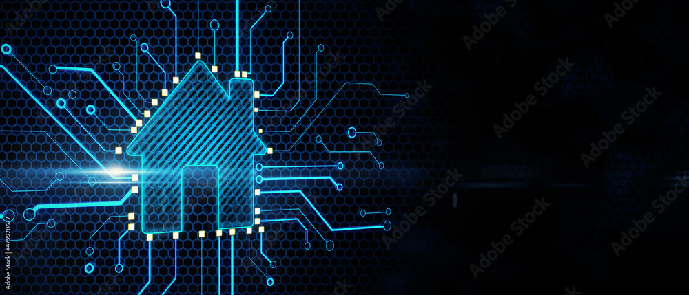 Poster Abstract glowing house chip hologram on dark background with mock up place. Smart home, ai and information concept. 3D Rendering.