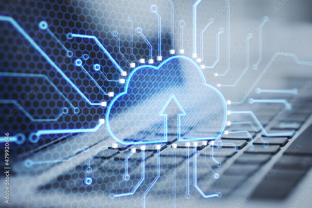Poster Close up laptop keyboard with abstract glowing cloud and chip interface on blurry background. Cloud computing, technology and database. Double exposure.