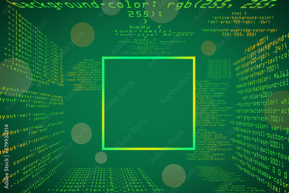 Poster Abstract glowing green coding programming background with blank square mock up frame. Big data and code concept. 3D Rendering.
