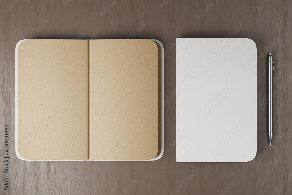 Poster top view of blank closed and open notepeds, pen on wooden desktop. mock up, close up, 3d rendering.