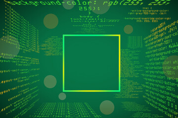 Abstract glowing green coding programming background with blank square mock up frame. Big data and code concept. 3D Rendering.