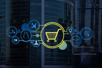 Abstract glowing cart interface on blury city background. Online shopping and e-commerce concept. Double exposure.