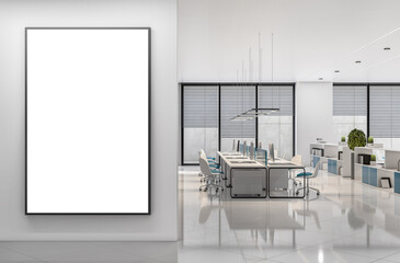 Modern coworking concrete office interior with empty mock up poster on wall, window and city view, furniture, equipment and other objects. 3D Rendering. - obrazy, fototapety, plakaty