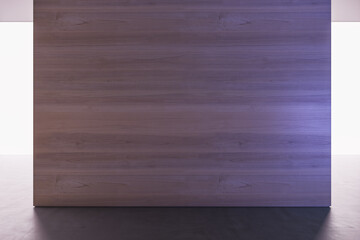 Spacious concrete interior with daylight and empty mock up place on wooden wall panel. Gallery and nobody concept. 3D Rendering.
