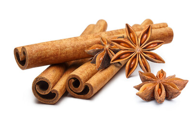 Cinnamon and star anise, isolated on white background