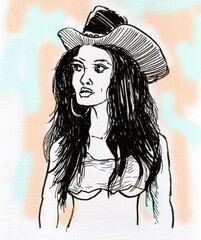 Girl in a cowboy hat. Illustration of a proud woman.