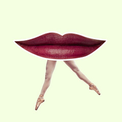 Contemporary art collage. Inspiration, idea, trendy urban magazine style. Big female mouth with bright red lipstick on ballerina's legs