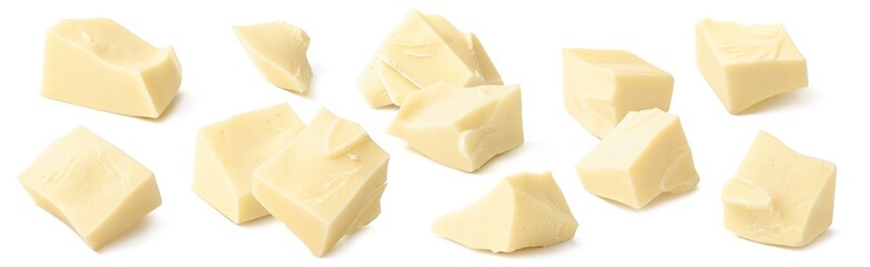 Broken white chocolate pieces isolated on white background. Package design set.