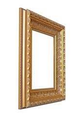 Golden frame for paintings, mirrors or photo in perspective view isolated on white background