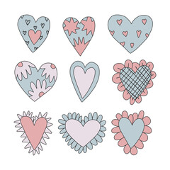 vector set of blue lo fi psychedelic valentines.Hippie collection hearts for valentine's day.Faded vintage style 70s and 80s.Stories social media stickers.Romantic soft pop shapes in funky and groovy