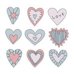 vector set of valentines in blue lo fi style.Vintage heart shapes with flowers and lettering.Love message sticker.Vintage postcards in the style of the 60s and 70s.Retro tattoo templates. Soft pop