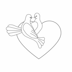 Outline doves and hearts for valentine's day. Doves sit on the heart. Celebration. Flat. Vector illustration